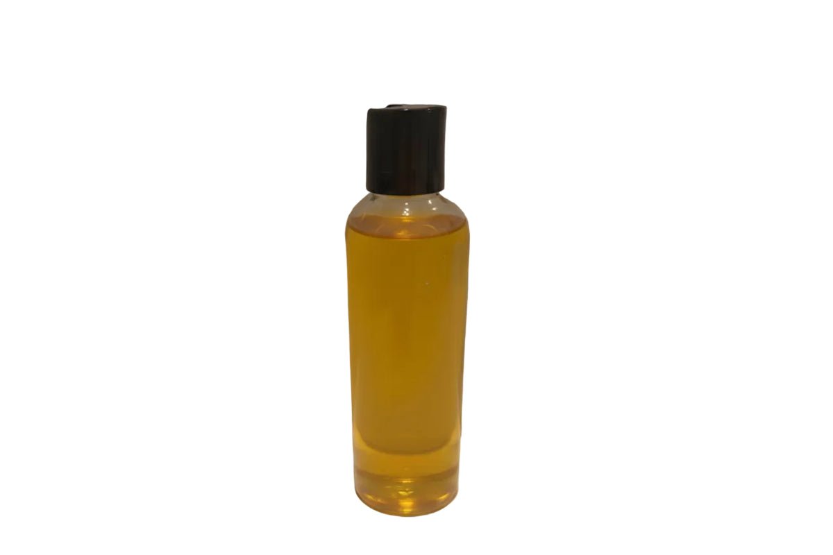 Clear bottle with yellow liquid and black cap on a white background